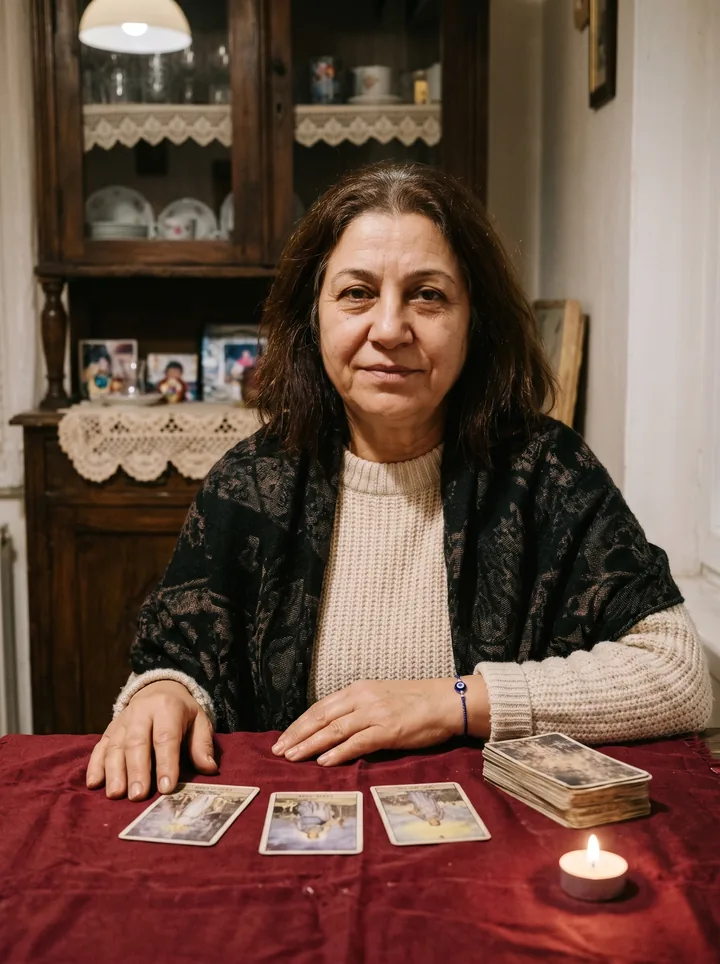 Fatos, psychic and tarot reader, with tarot cards at her table